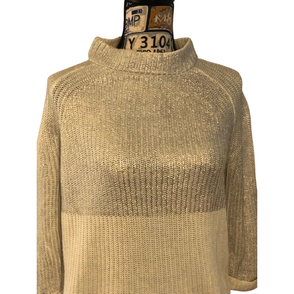Chicos Silver Cream Crewneck Pullover Glitz Zipper Back Sweater Sz M